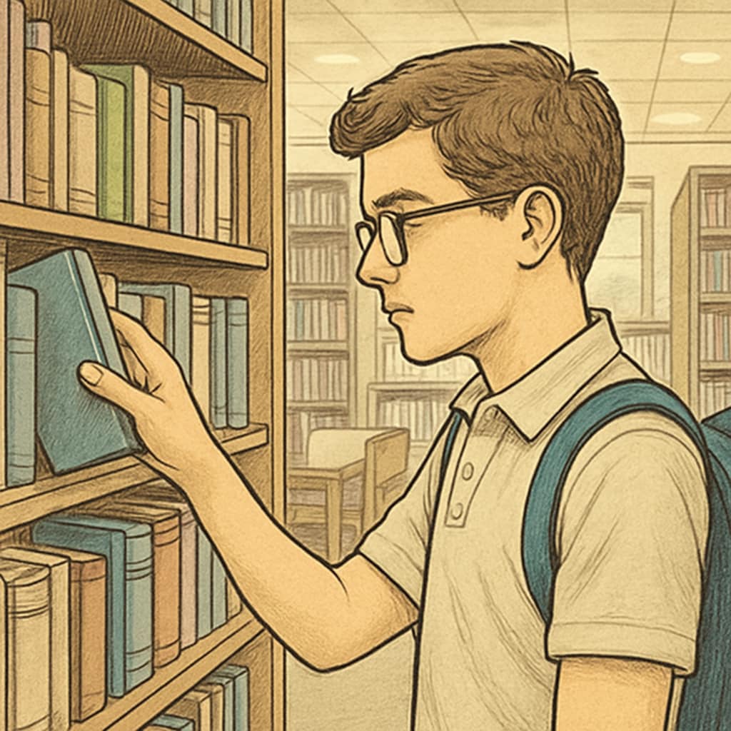 Student browsing books in a library to personalize their reading experience.
