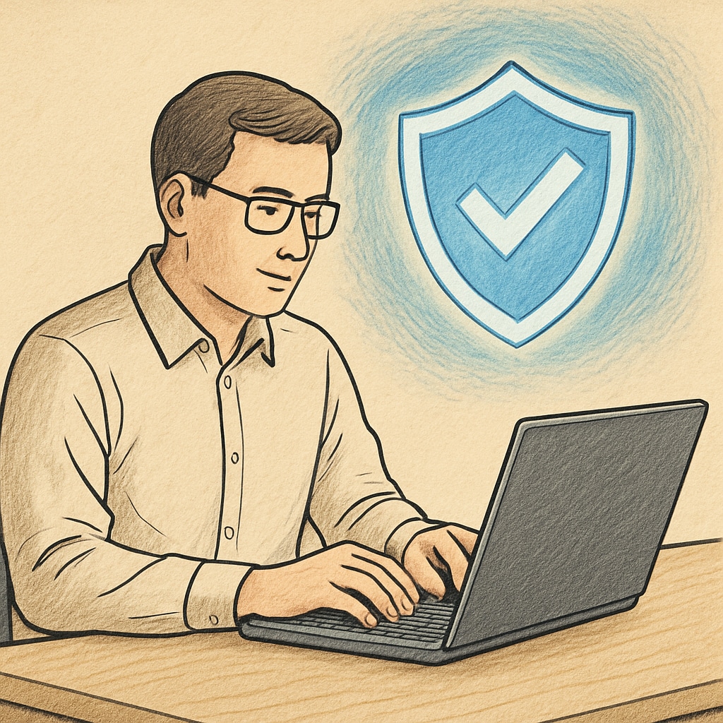 A cybersecurity professional working on a laptop with a digital shield icon displayed in the background. A cybersecurity expert analyzing system vulnerabilities.