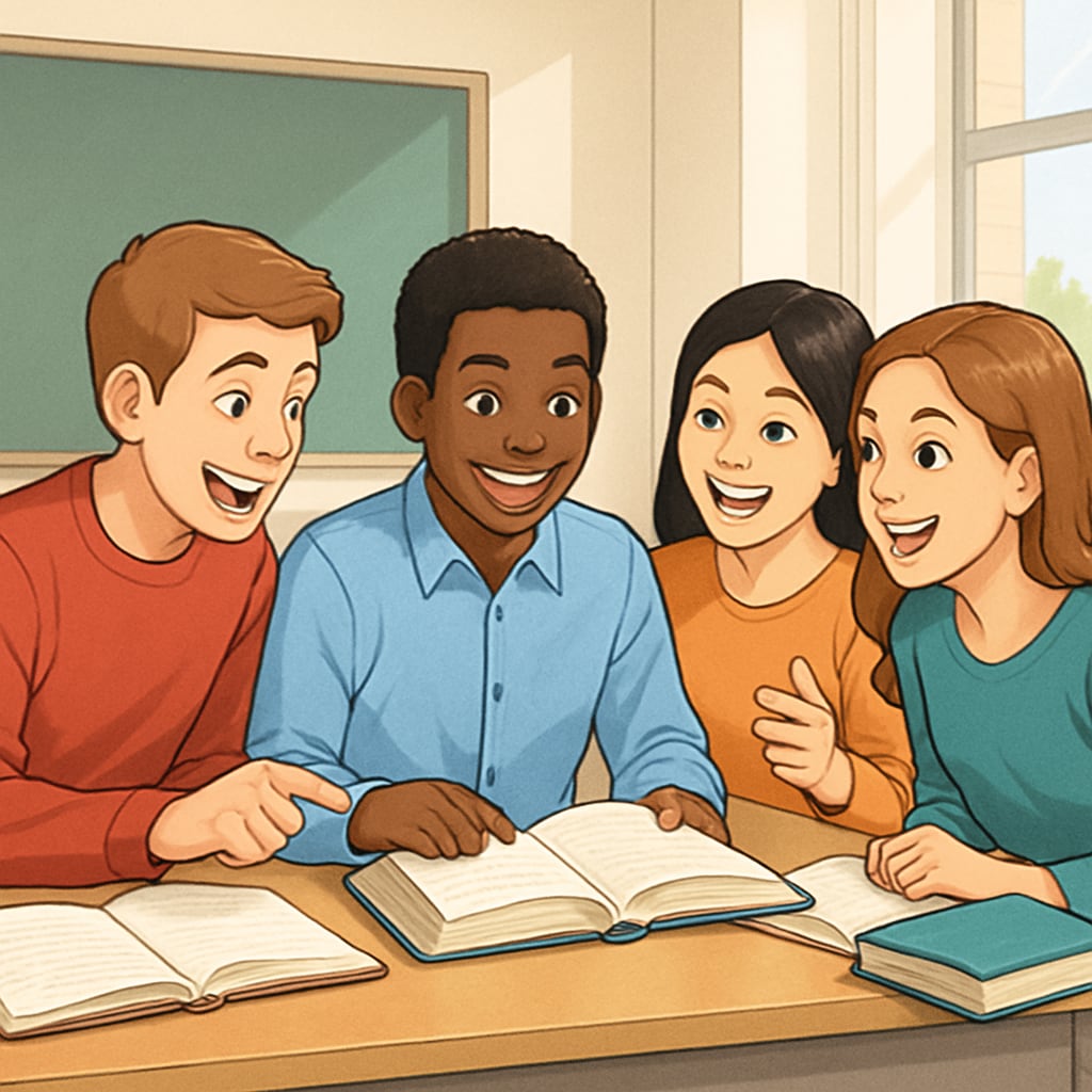 Students engaging in a lively book discussion, emphasizing interactive feedback.