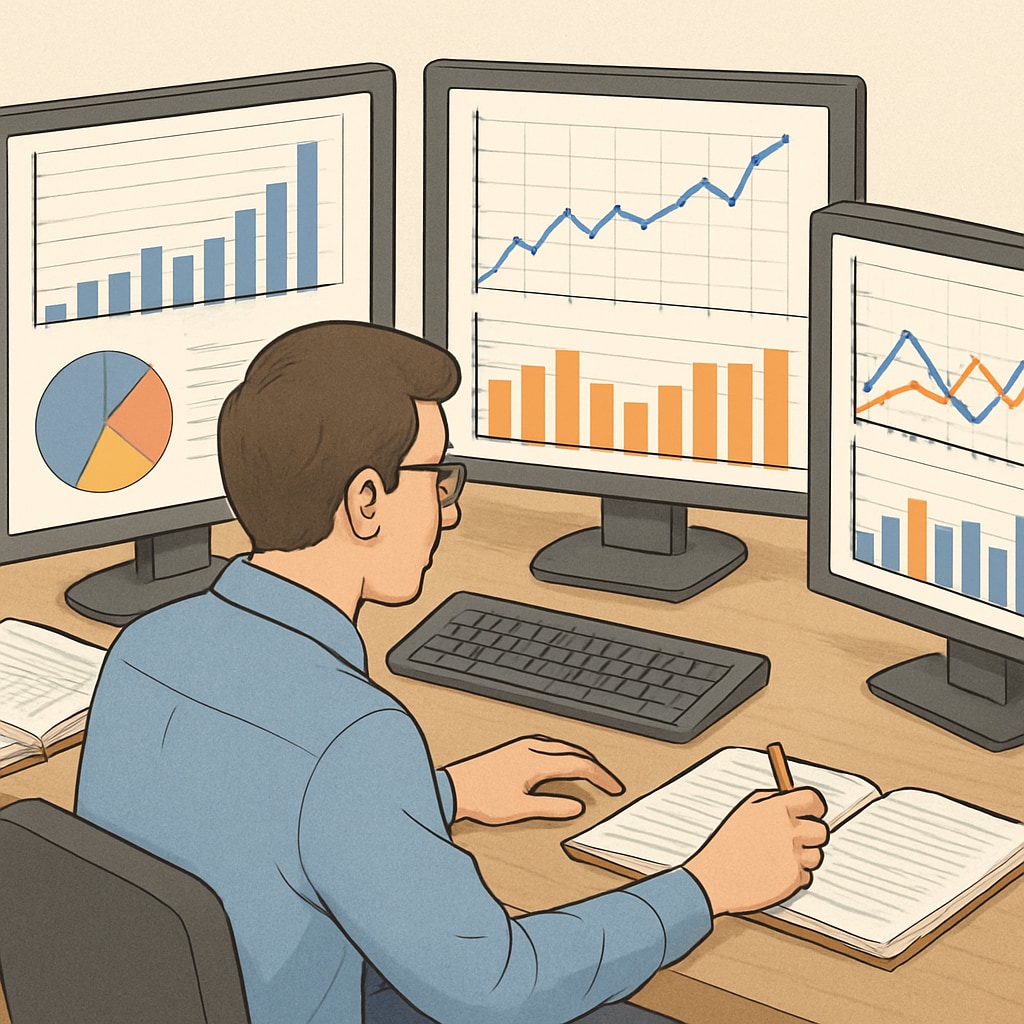 A data scientist analyzing graphs and charts on multiple computer screens. A data scientist interpreting data visualizations.