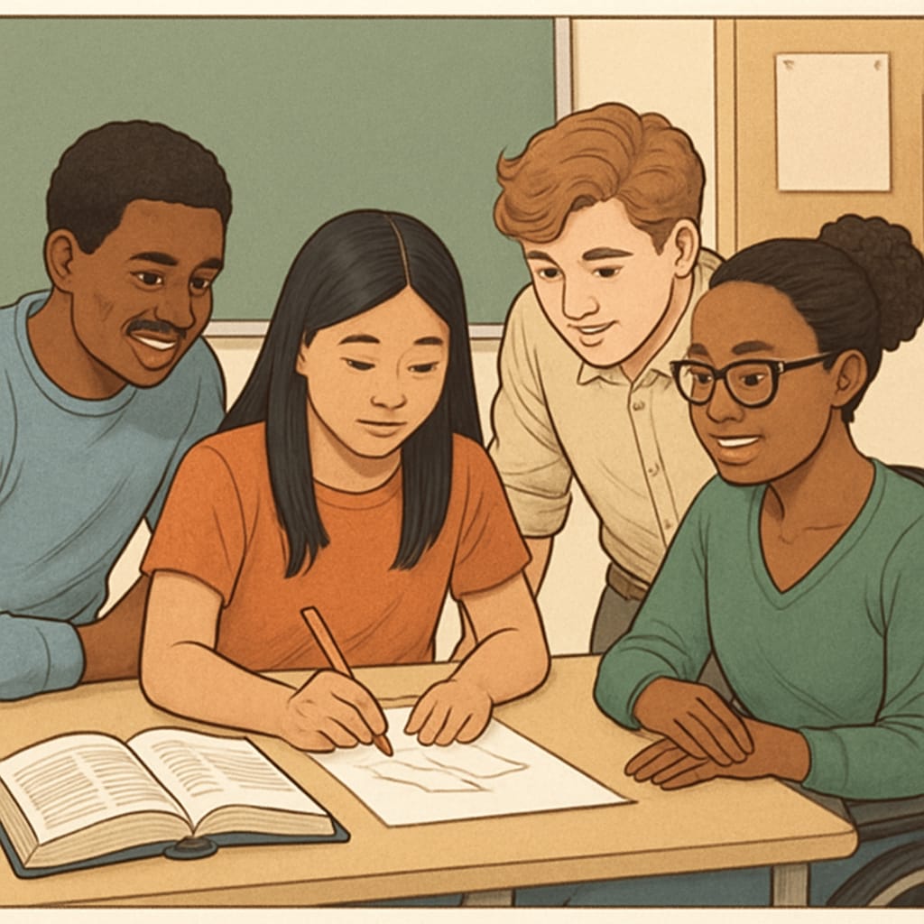 A diverse group of students collaborating on a project, symbolizing the collaborative and flexible approach of the A Levels system. Students collaborating on a project, representing the flexibility of A Levels.