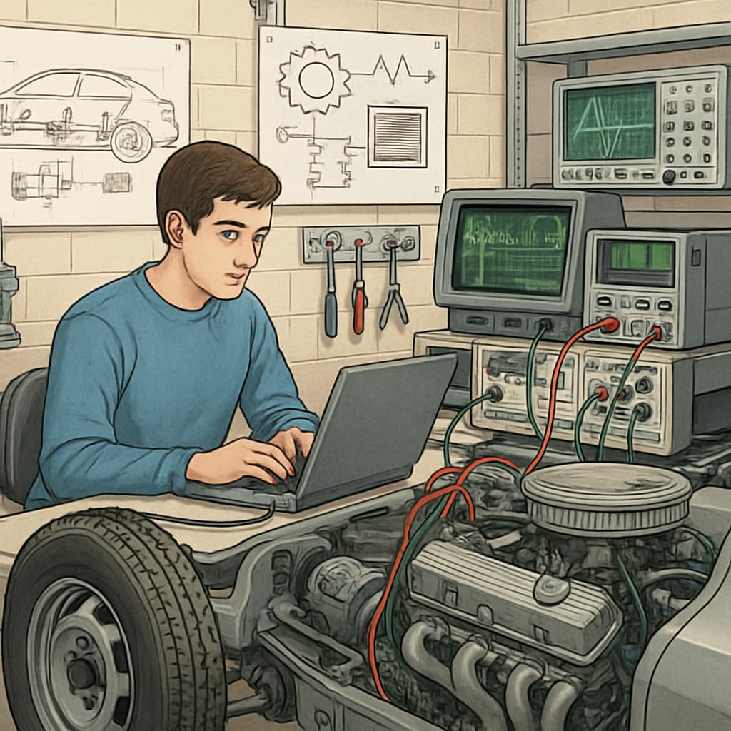 Student examining automotive systems in a university laboratory.