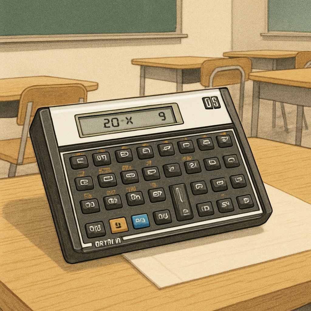 An RPN calculator such as the HP 11c on a desk, with clear display showing reverse Polish notation calculations. HP 11c RPN calculator performing reverse Polish notation calculations