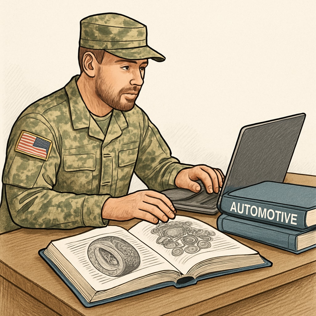 Military veteran studying online with automotive resources.
