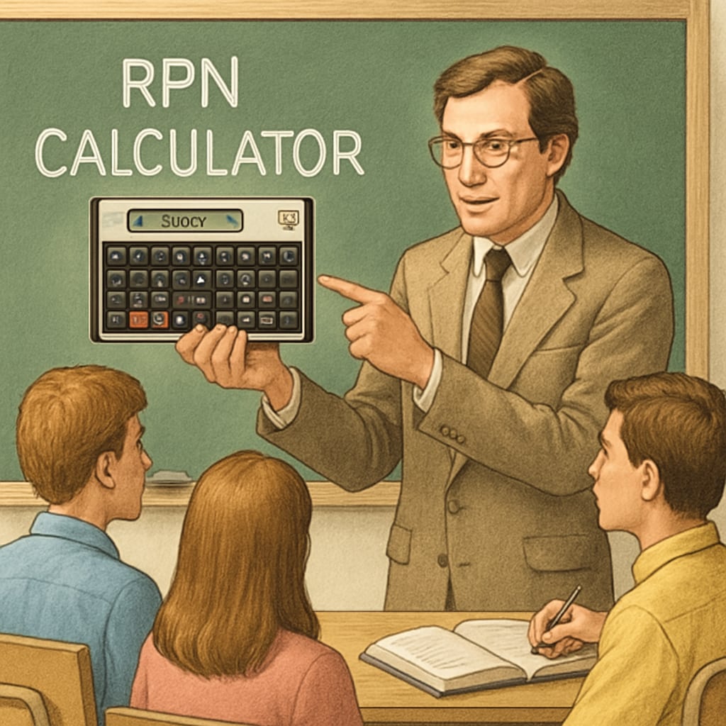 A teacher demonstrating an HP 11c RPN calculator to students in a classroom setting. Teacher using HP 11c RPN calculator in math class