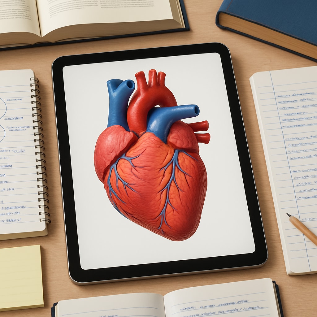 3D model of the human heart on a tablet with learning notes.