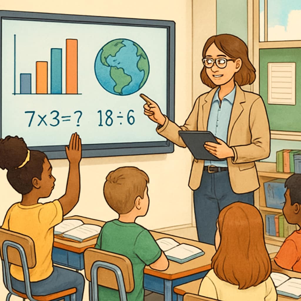 A teacher using interactive technology in a public school classroom. A teacher engaging students with technology, showcasing innovation in public schools.
