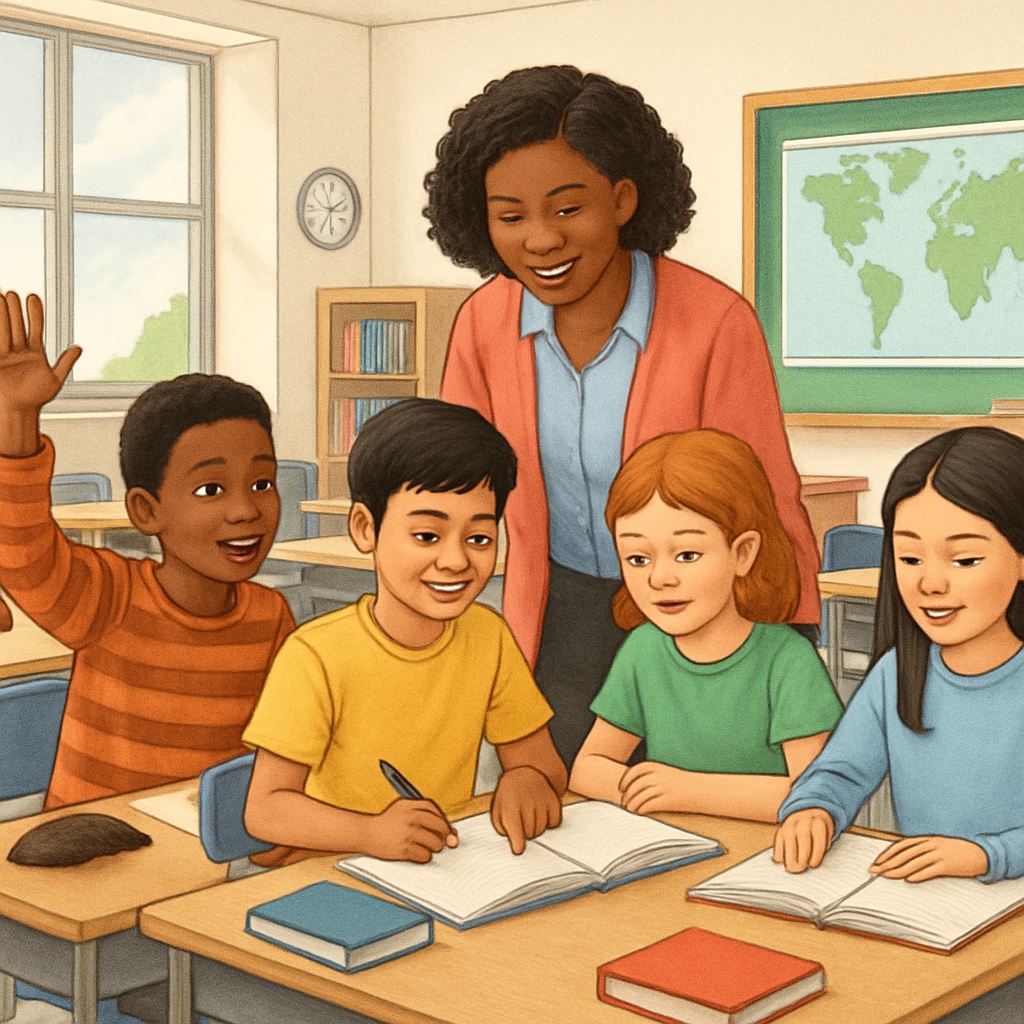 A classroom with diverse students actively engaged in learning in a public school setting. Students in a public school classroom, representing the impact of education funding.