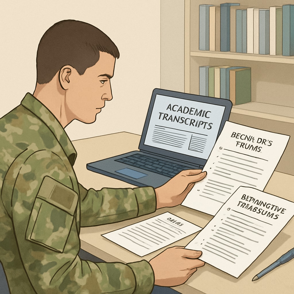 Military student reviewing academic transcripts for a bachelor's program.