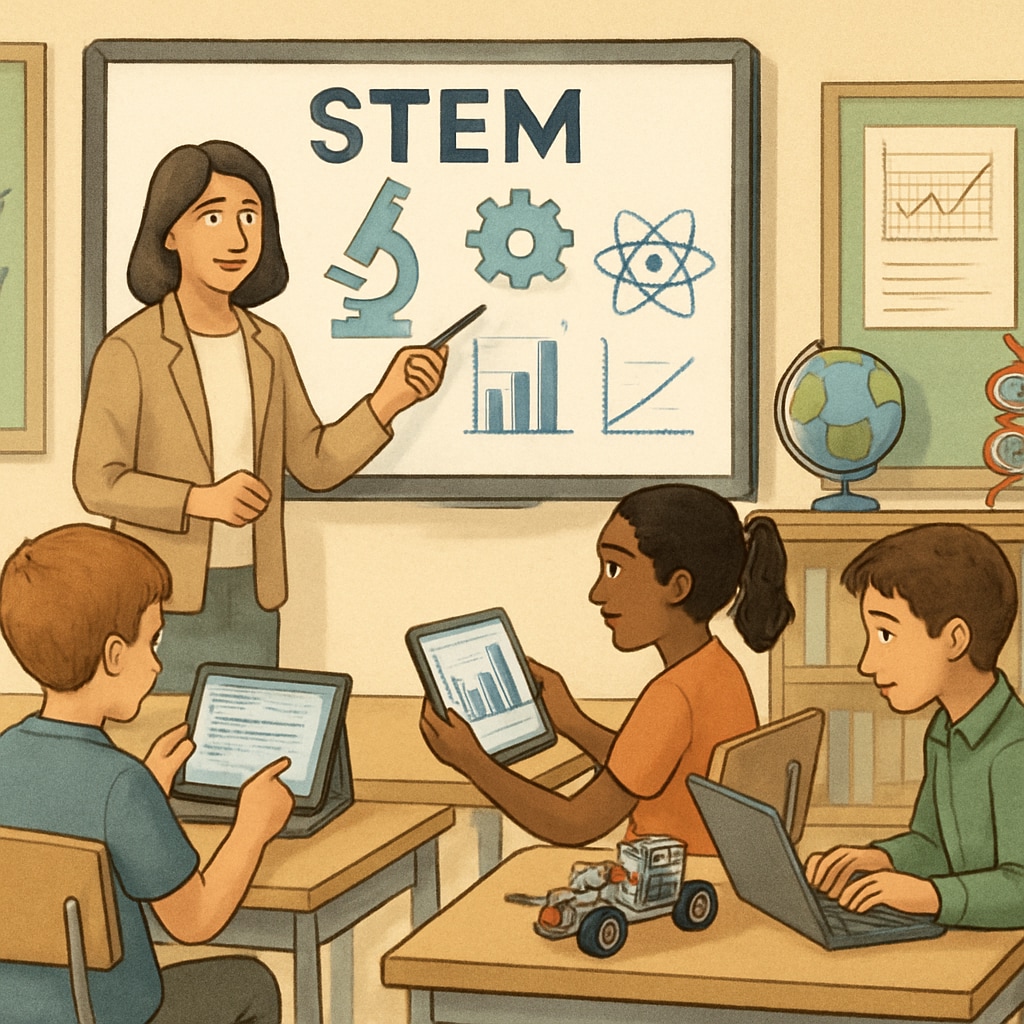 A teacher using interactive technology in a classroom to engage students in STEM activities. Public school teacher integrating technology to improve education quality.