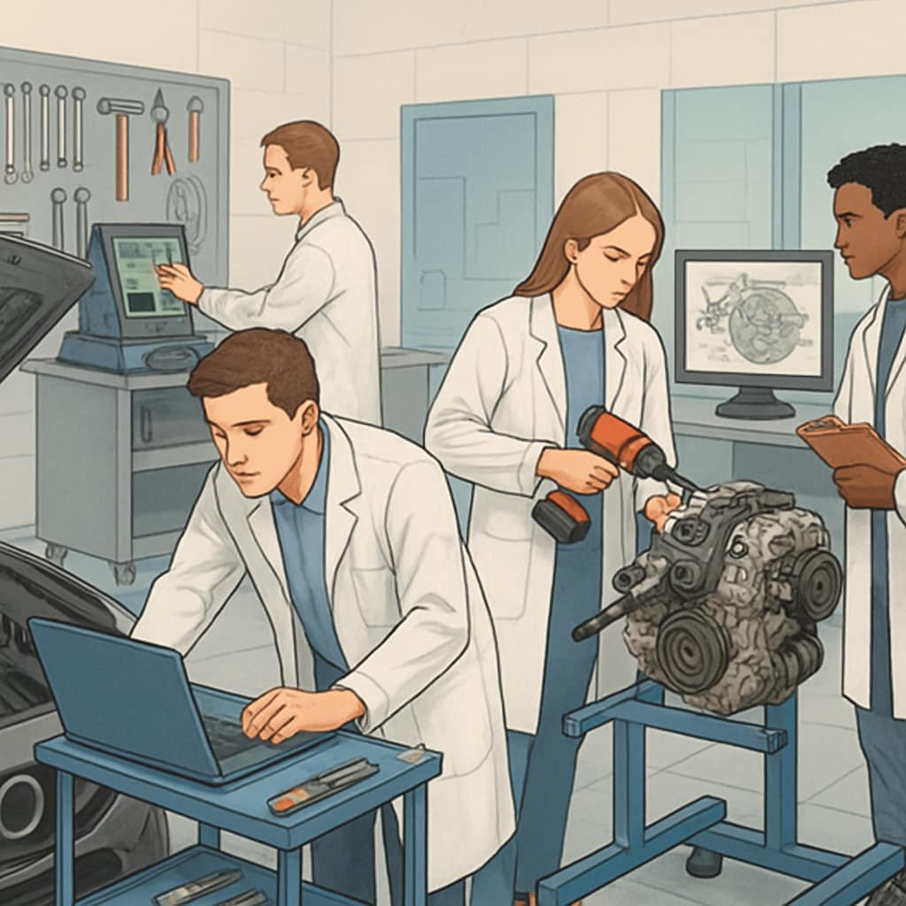 Automotive technology lab with students advancing their technical skills.