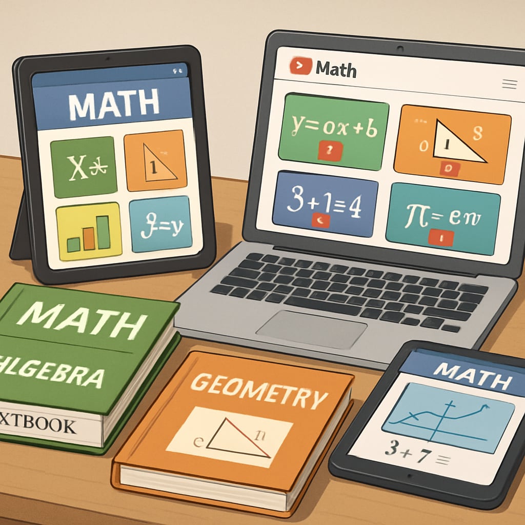 Math preparation materials including books, apps, and YouTube channels.