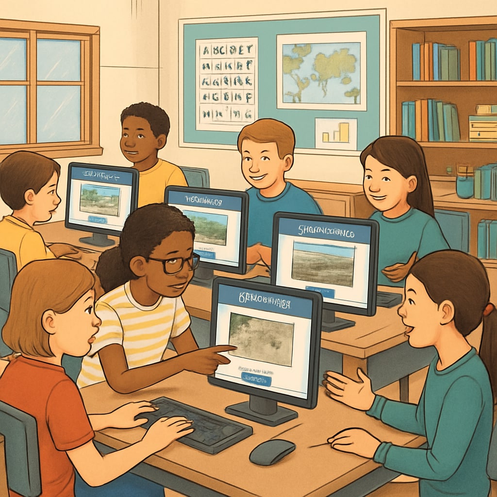 A classroom setting where K12 students are using computers to participate in Zooniverse citizen science projects, illustrating active learning through technology. K12 students engaging in Zooniverse citizen science projects in a classroom.