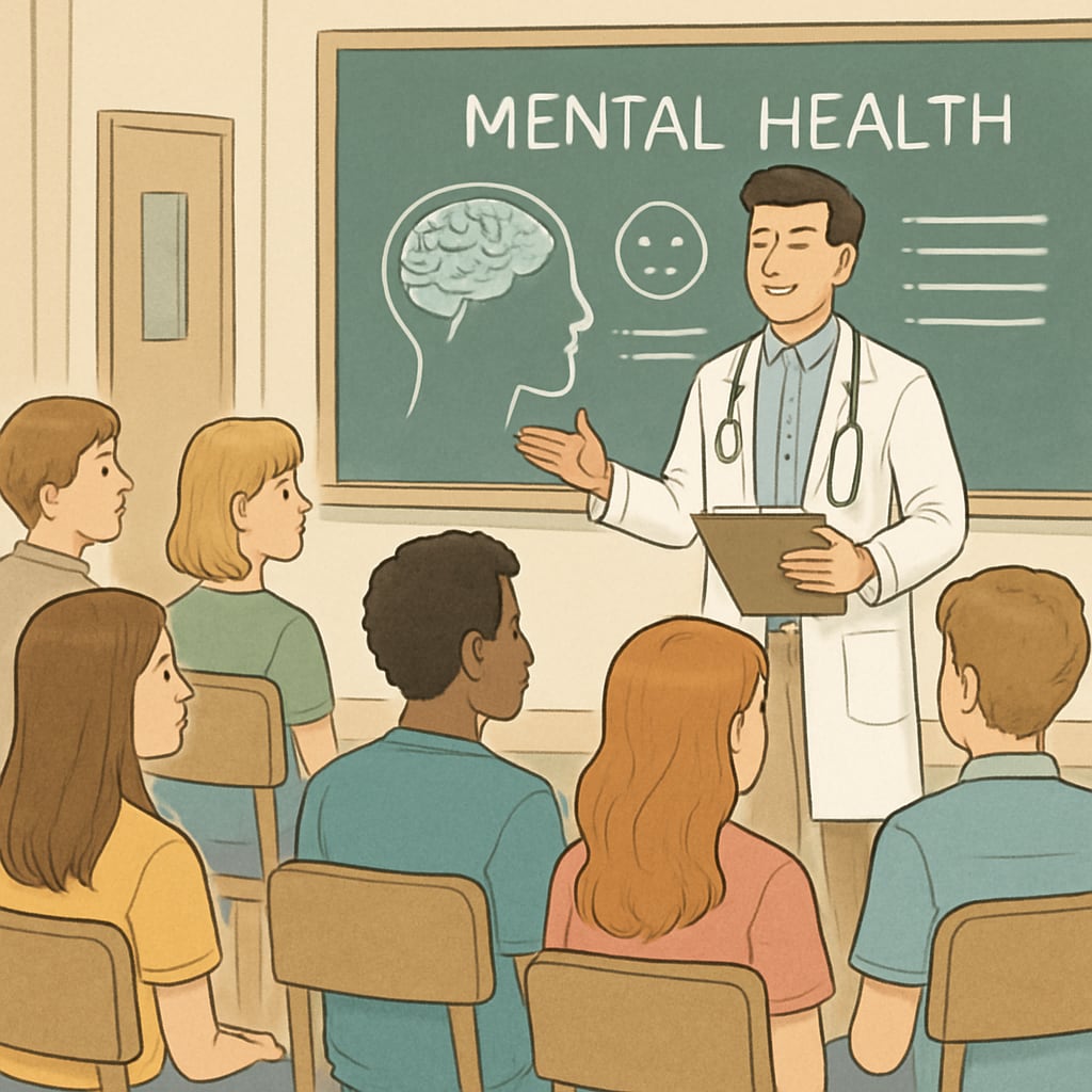 A group of high school students attentively listening to a young medical professional during a mental health assembly. High school students listening to a mental health assembly led by a medical student.
