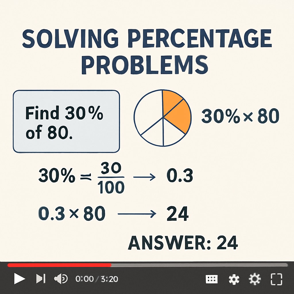 A screenshot of a YouTube video tutorial on solving percentage problems, with clear diagrams and step-by-step explanations. YouTube tutorial on percentages for math ability tests and campus recruitment preparation.