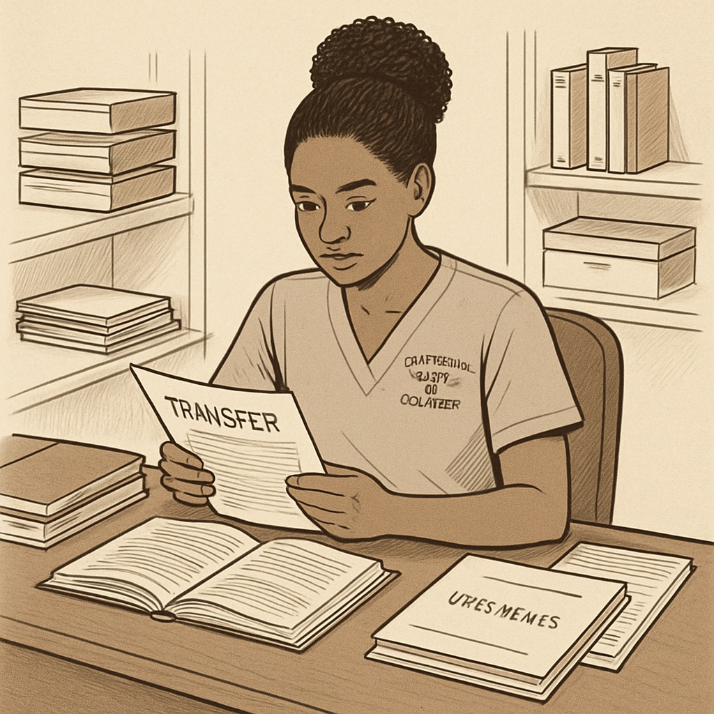 A community college nursing student reviewing transfer documents at a desk, symbolizing the transfer process. Nursing student preparing for college transfer using detailed documents.