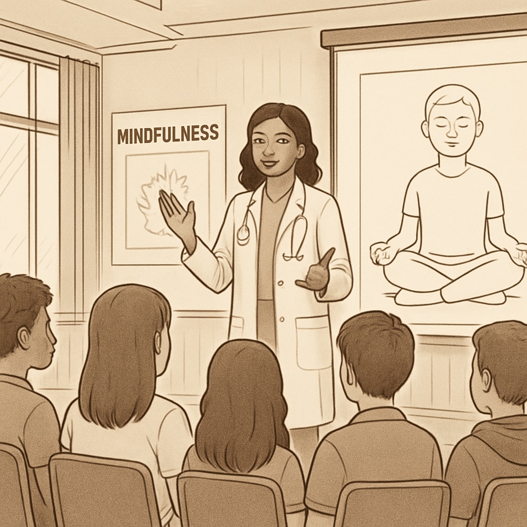 A medical student demonstrating mindfulness techniques to a group of teenagers in a school auditorium. Medical student teaching mindfulness to high schoolers during an assembly.