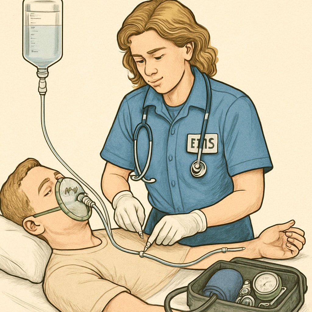 An EMT performing basic medical care, representing the value of EMT experience in nursing applications. EMT providing patient care, showcasing hands-on healthcare experience.