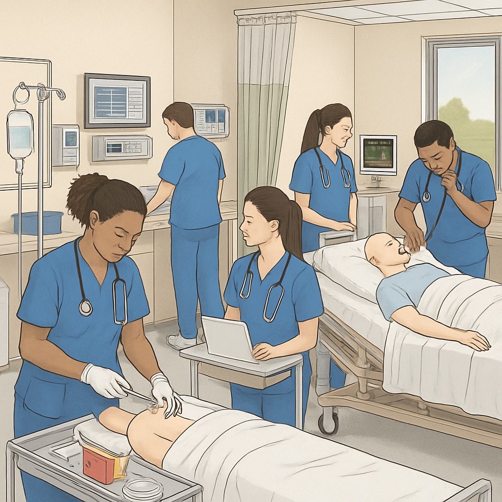 A modern nursing lab with students practicing clinical procedures, emphasizing hands-on learning. Nursing students in a lab practicing clinical procedures.