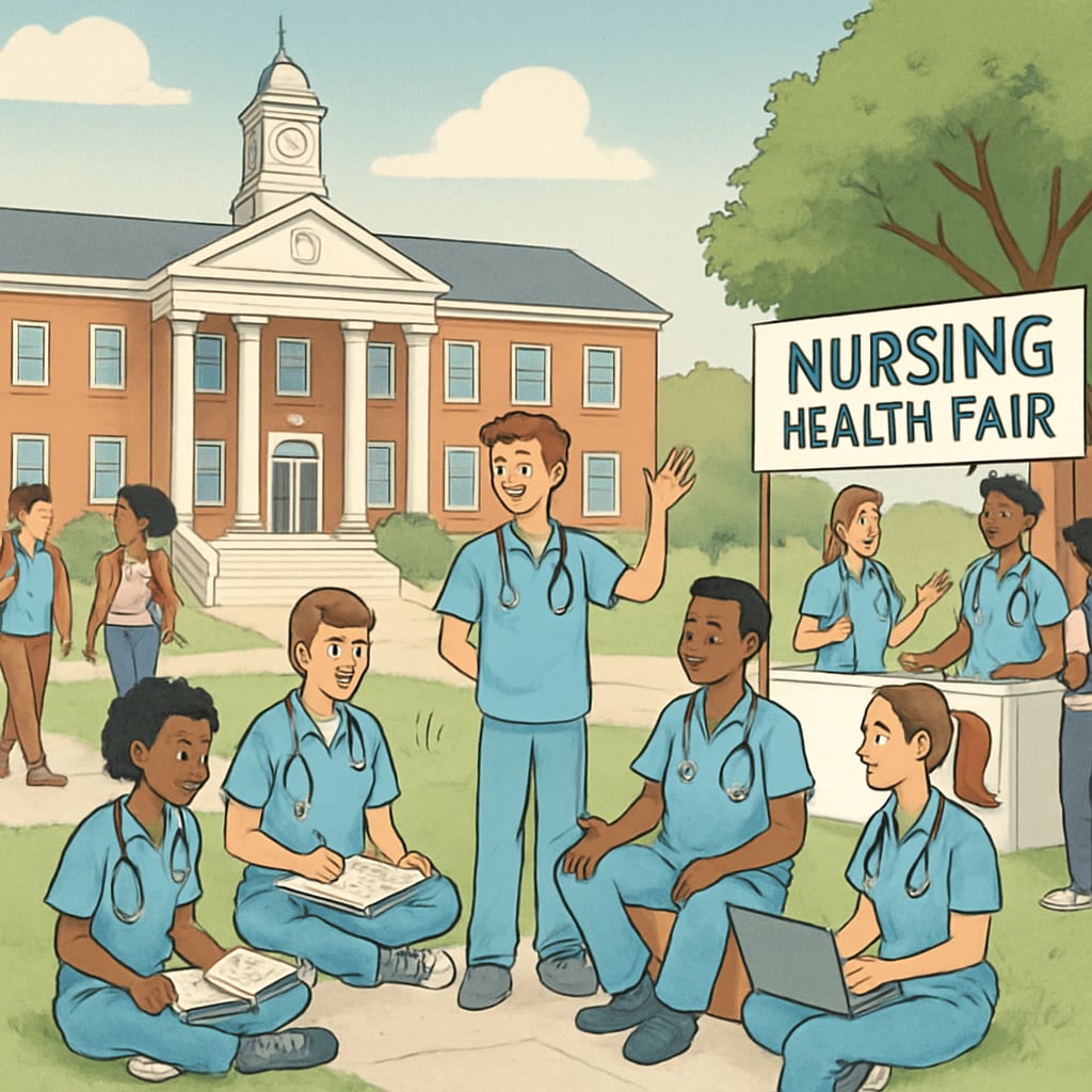 A vibrant college campus with students engaging in group activities and nursing-focused events. Nursing students participating in campus activities, showcasing a balanced college life.