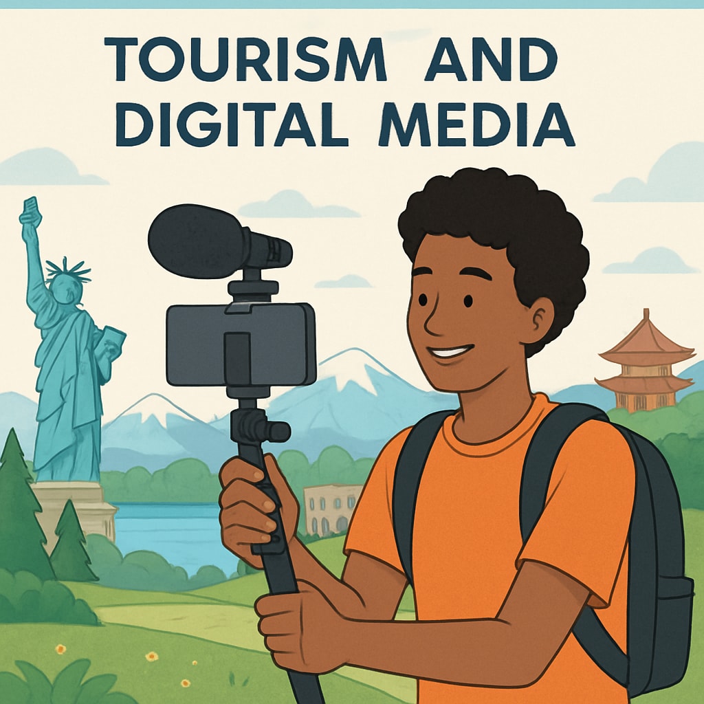 A vibrant short video creator filming a scenic tourist destination, representing the connection between tourism and digital media. Short video creator filming a tourist destination for digital media impact.