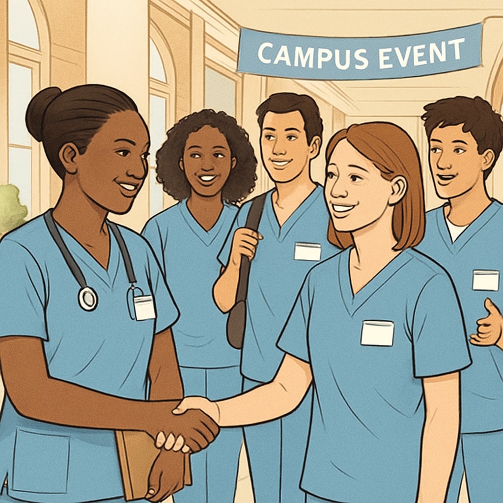 A diverse group of nursing students engaging in a campus event, showcasing social interaction. Nursing students at a campus event, building community connections.