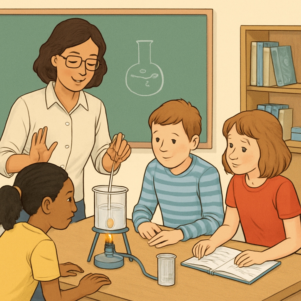 A teacher guiding students through a hands-on science experiment.