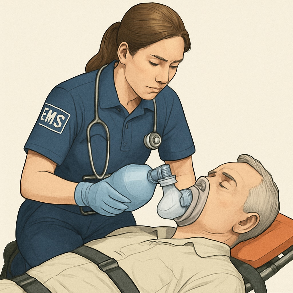 An EMT professional assisting a patient, highlighting skills relevant to nursing education. EMT providing emergency care, demonstrating practical healthcare experience for nursing students.