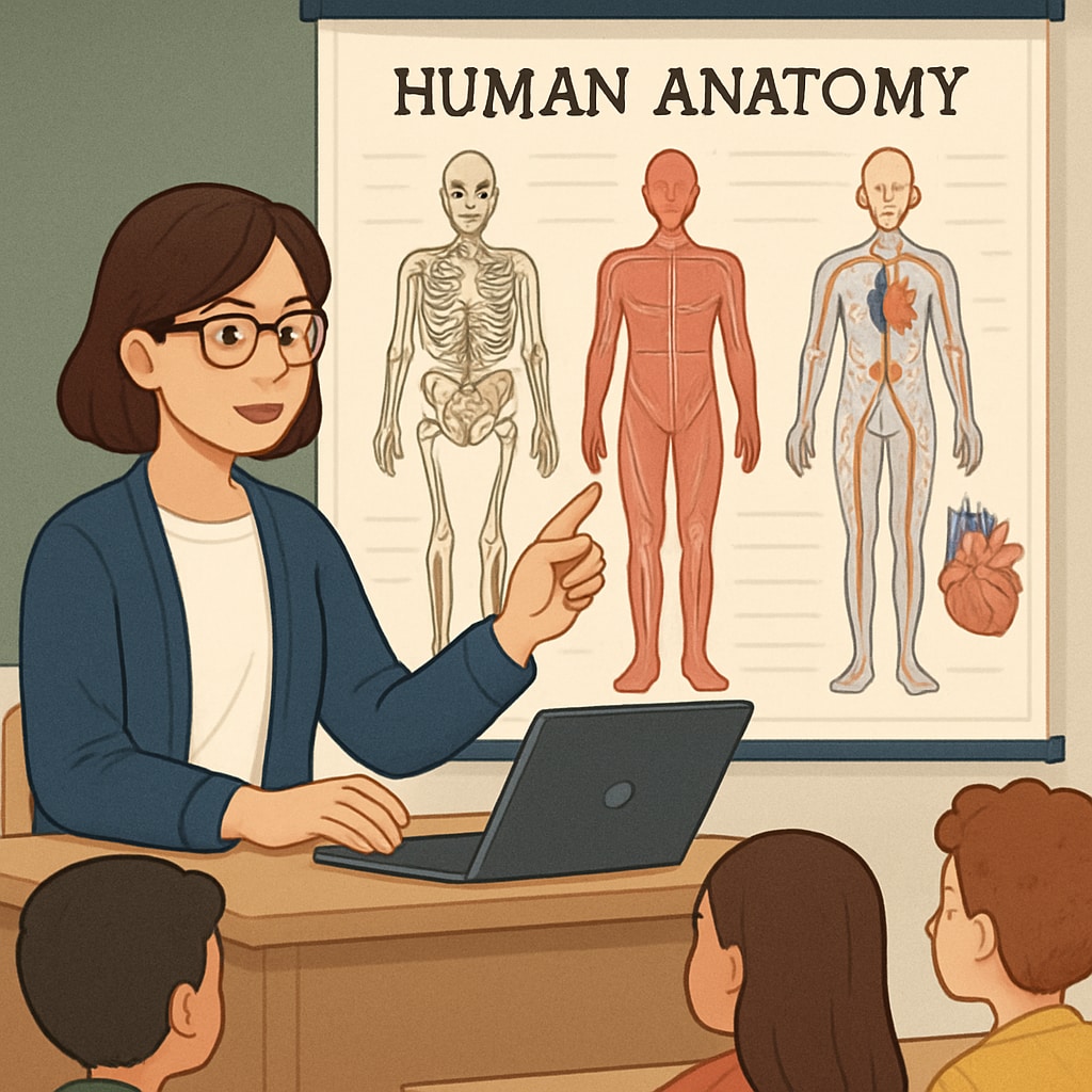A teacher using a digital platform to explain basic human anatomy to students. Teacher demonstrating human anatomy on a digital platform for medical education.