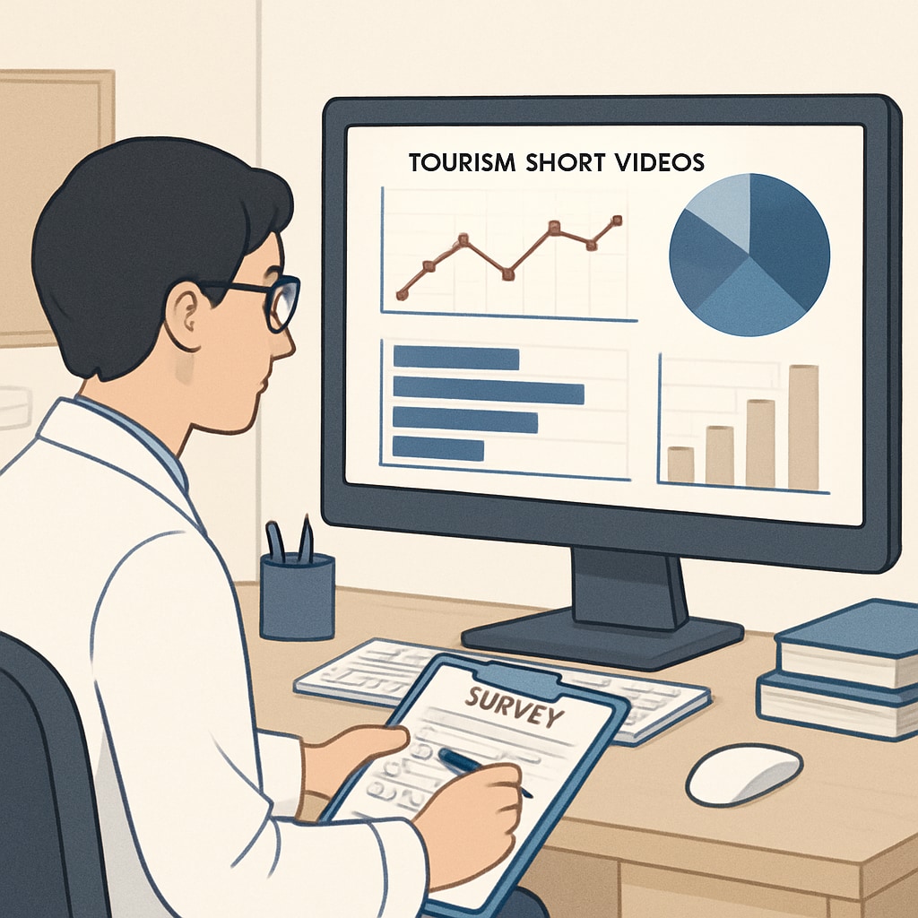 A researcher analyzing survey data on tourism short videos with charts and graphs displayed on a computer screen. Data analysis for tourism short videos survey research.