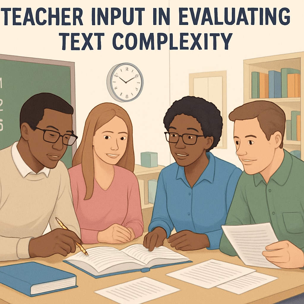 A classroom with teachers collaboratively analyzing reading materials, symbolizing the importance of teacher input in text complexity evaluation. Teachers analyzing reading materials to assess text complexity in a classroom setting.