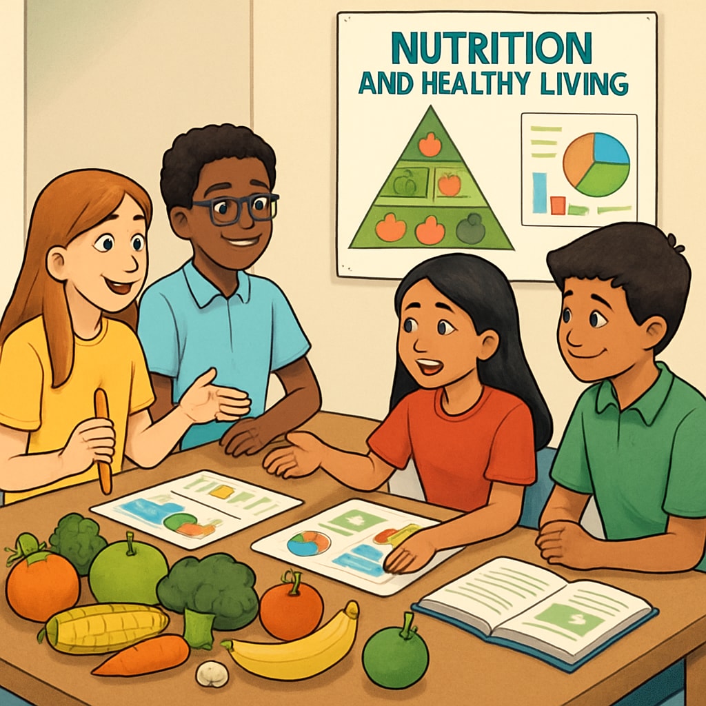 A group of K-12 students participating in a workshop about nutrition and healthy living. K-12 students in a workshop about nutrition and health education.