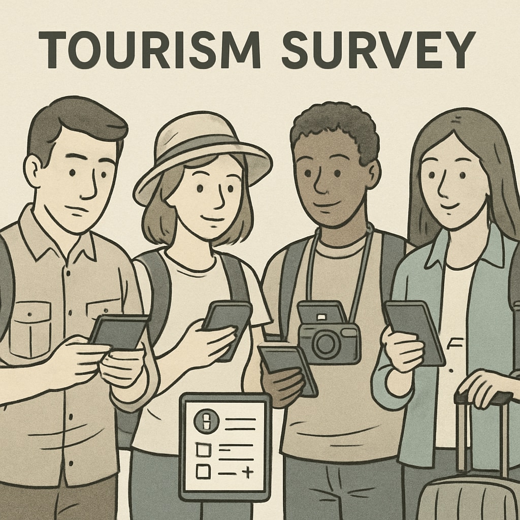A group of travelers participating in a survey on their mobile devices, with a focus on tourism-related questions. Travelers answering tourism-related surveys on their phones.