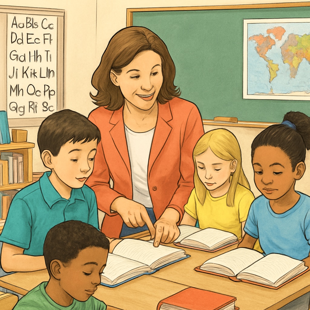 A classroom setting with a teacher guiding students through reading activities, illustrating teacher engagement and literacy development. Classroom reading activities with teacher and students emphasizing reading comprehension and text complexity.