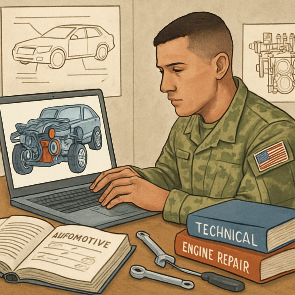 A military professional studying automotive systems on a laptop with books and tools around, representing the transition to a bachelor's degree. Military professional exploring bachelor's degree options for automotive technology.