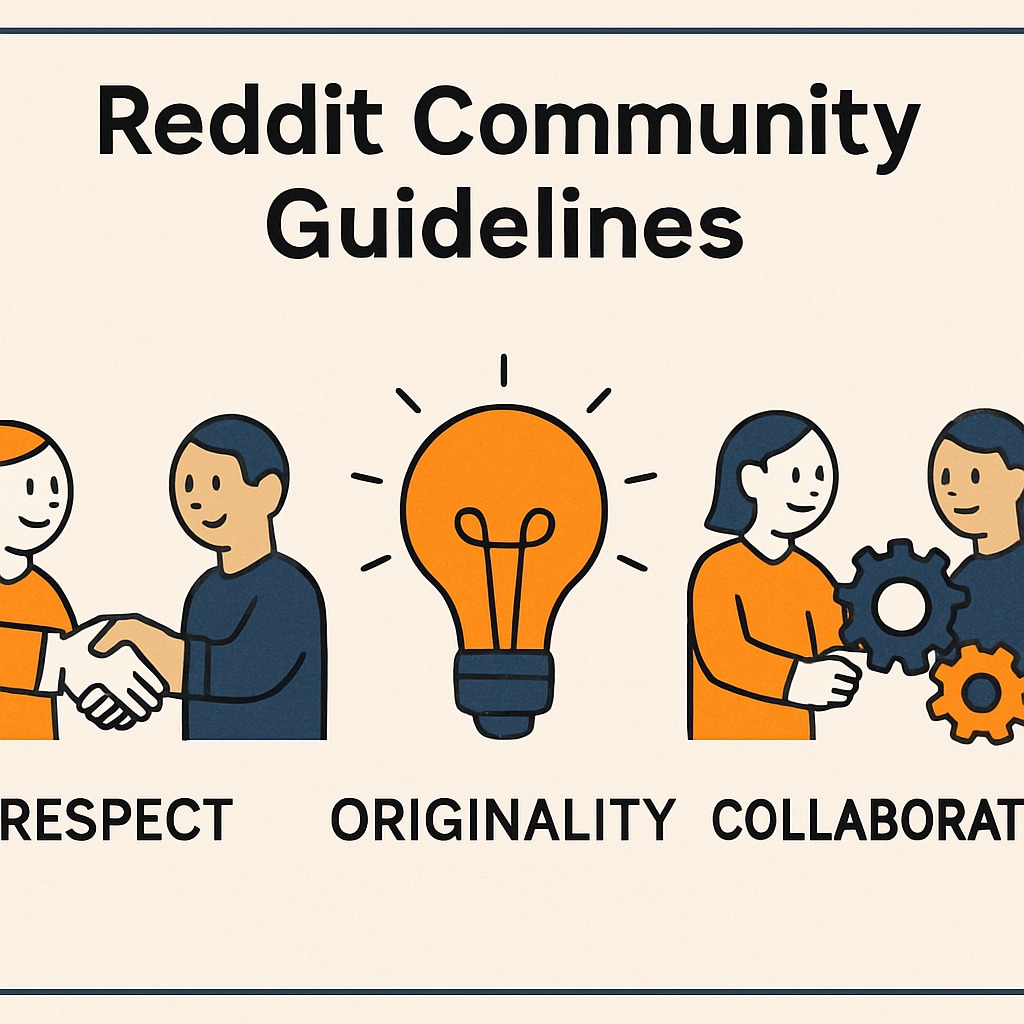 A visual representation of Reddit's community guidelines, showing icons for respect, originality, and collaboration. Reddit education community rules graphic with emphasis on respect and collaboration.
