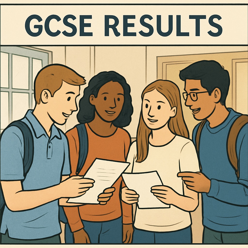 A group of students discussing their GCSE results at school, symbolizing shared experiences and mutual support. Students discussing GCSE results, symbolizing shared experiences and support