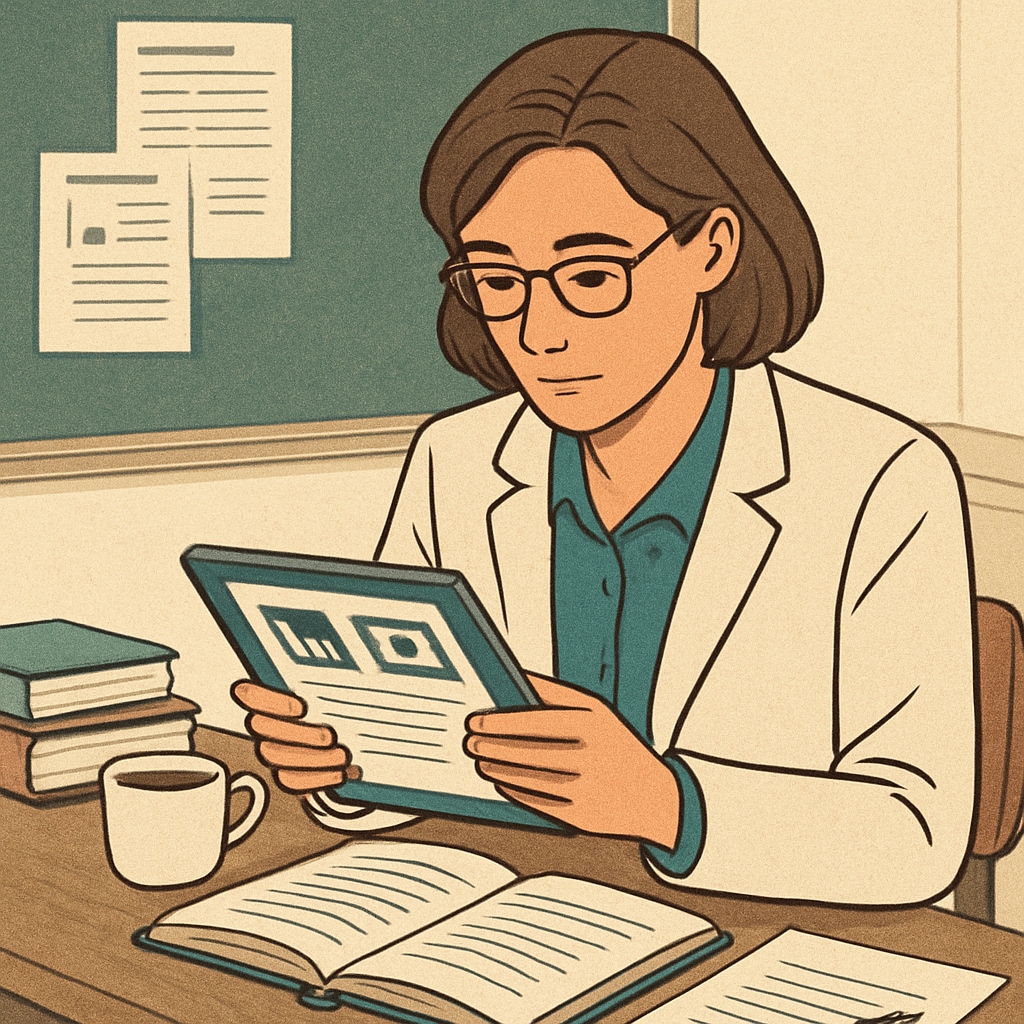 A teacher reviewing educational materials on a tablet, symbolizing research participation and professional development opportunities. Teacher using a tablet for educational research on reading comprehension and text complexity.