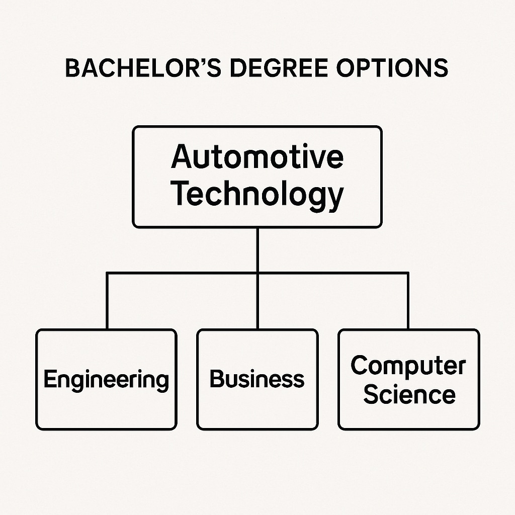 A diagram showcasing bachelor's degree options branching out from automotive technology, such as engineering, business, and computer science. Visual representation of bachelor's degree paths for automotive technology graduates.