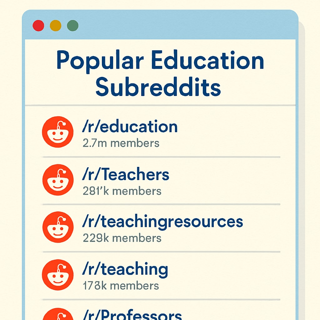 A screenshot-style graphic of popular education-related subreddits with community names and member counts. Image showcasing top Reddit education subreddits like r/education and r/Teachers.