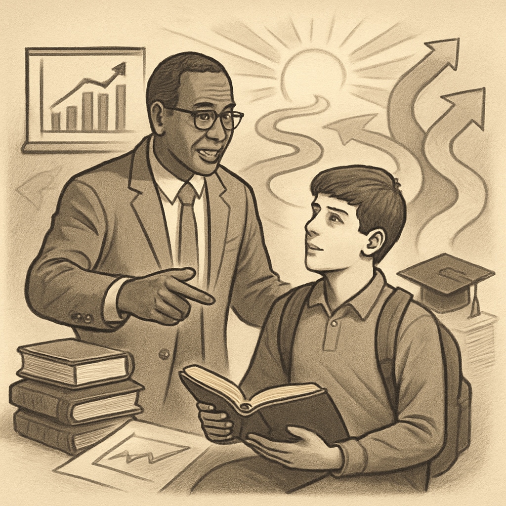 A mentor guiding a student through alternative academic pathways, symbolizing hope and opportunity. A mentor guiding a student through alternative academic pathways