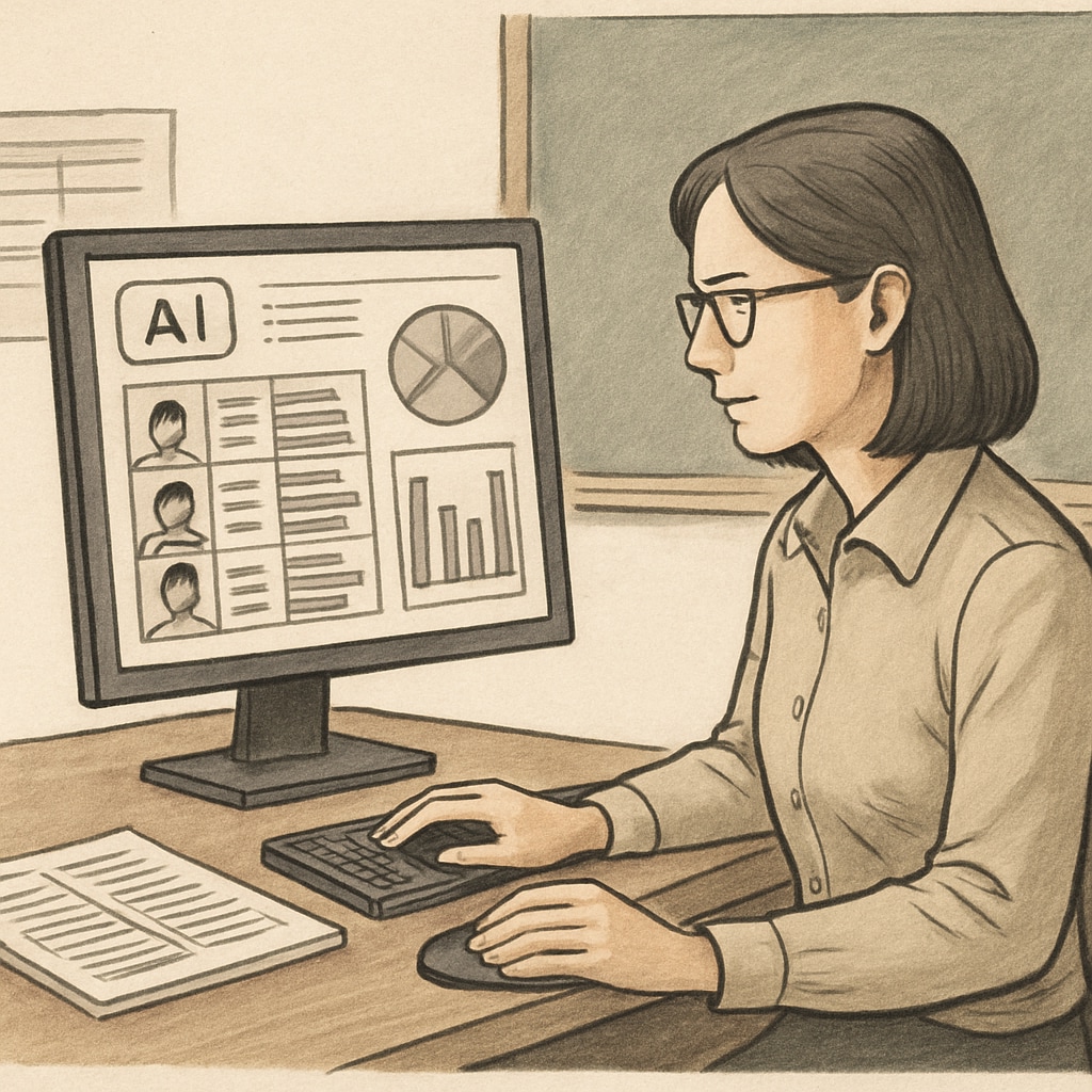 A teacher interacting with AI software to organize student data, symbolizing the role of AI in reducing administrative burdens in education. Teacher using AI software for administrative tasks in education.