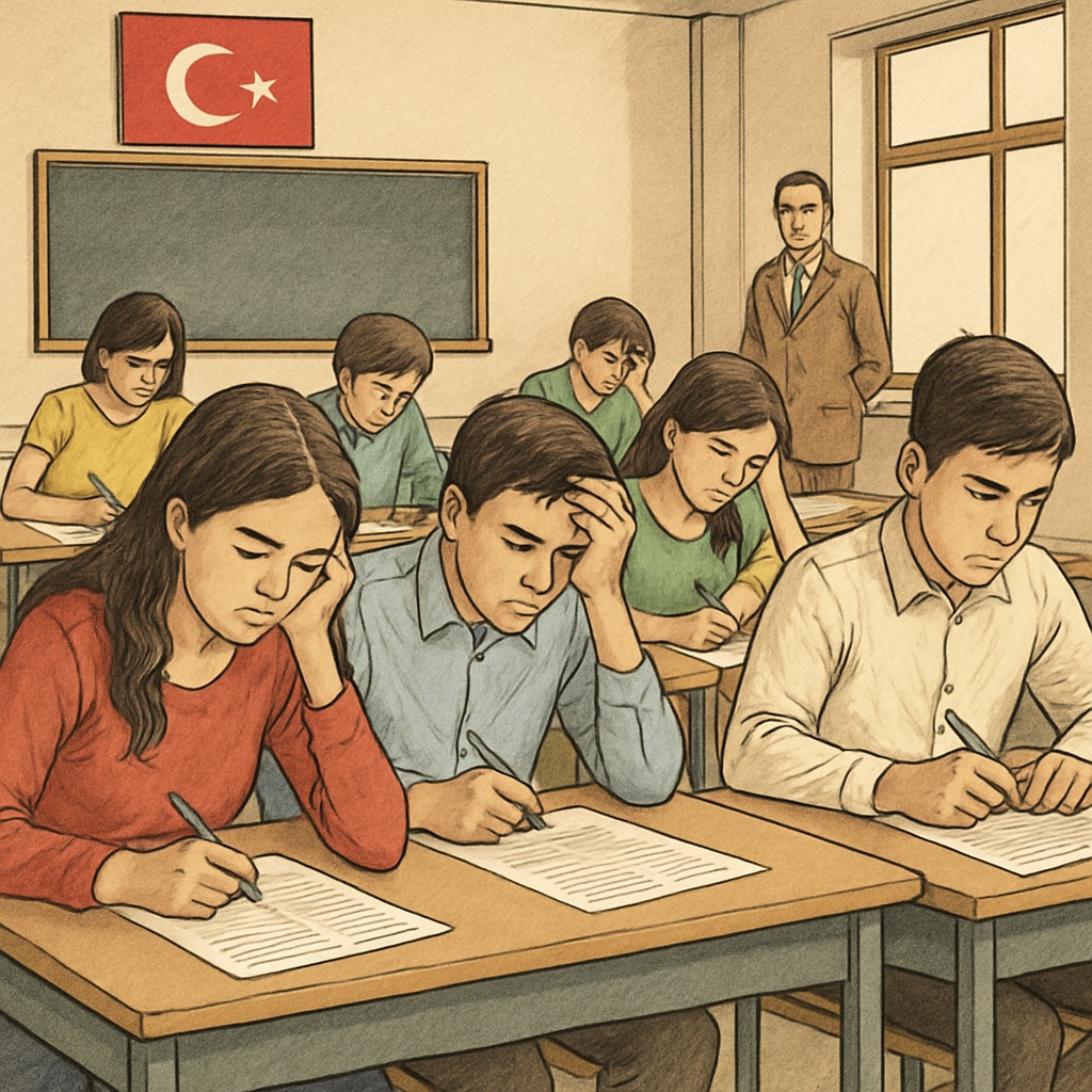 A classroom of Turkish students taking a standardized exam, showing stress and focus. Turkish students in a classroom during a high-stakes exam, representing exam pressure.