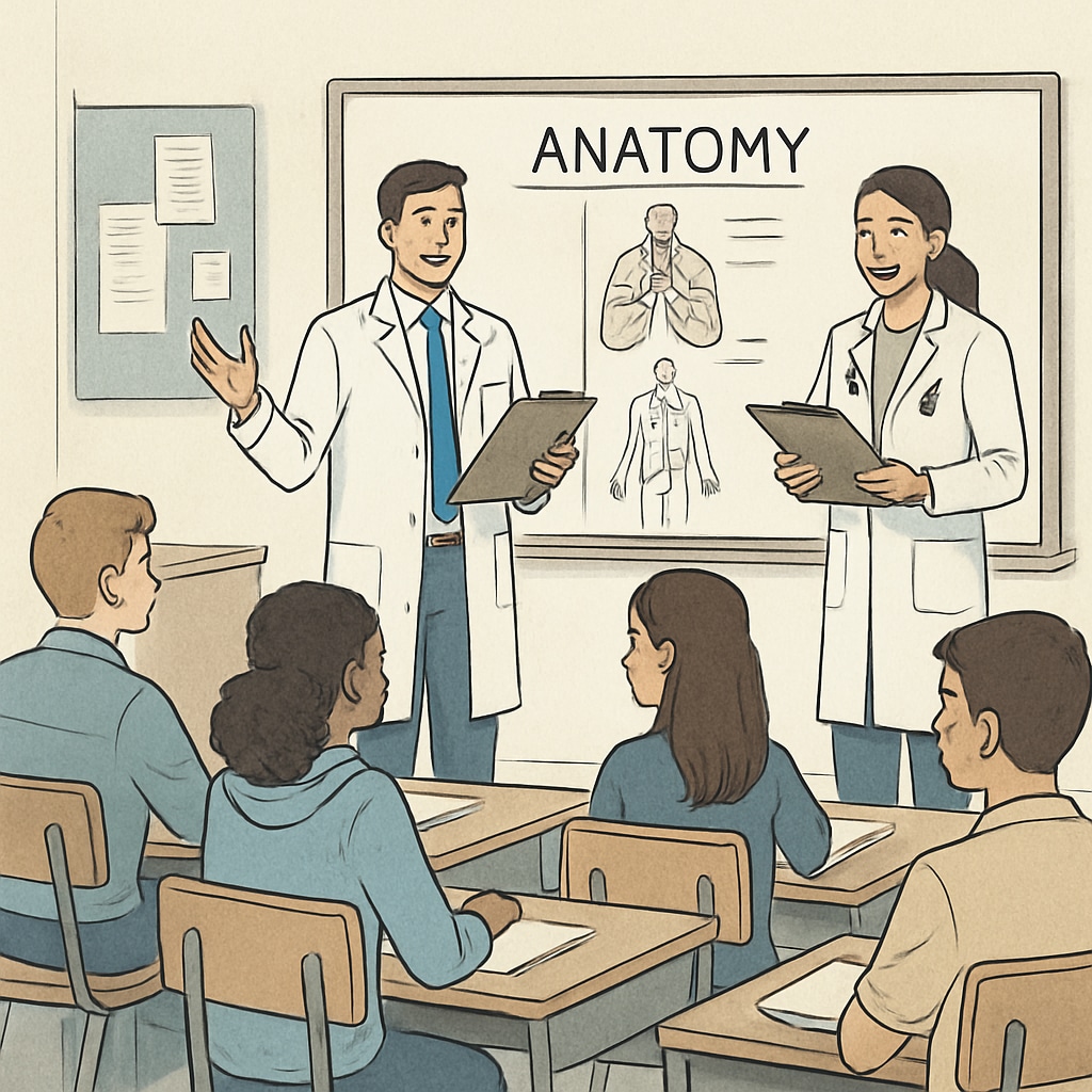 Medical students delivering a seminar to high school students in a classroom environment. Medical students conducting a mental health seminar for high school students.