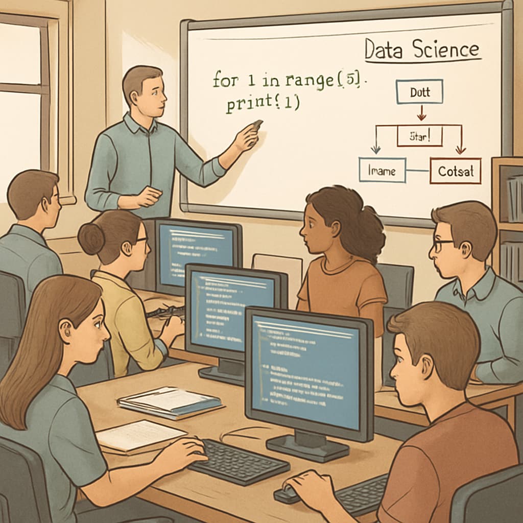 A classroom scene where students are working on computer programming exercises, emphasizing academic preparation for data science. Students programming computers in a classroom setting, reflecting academic requirements for data science.