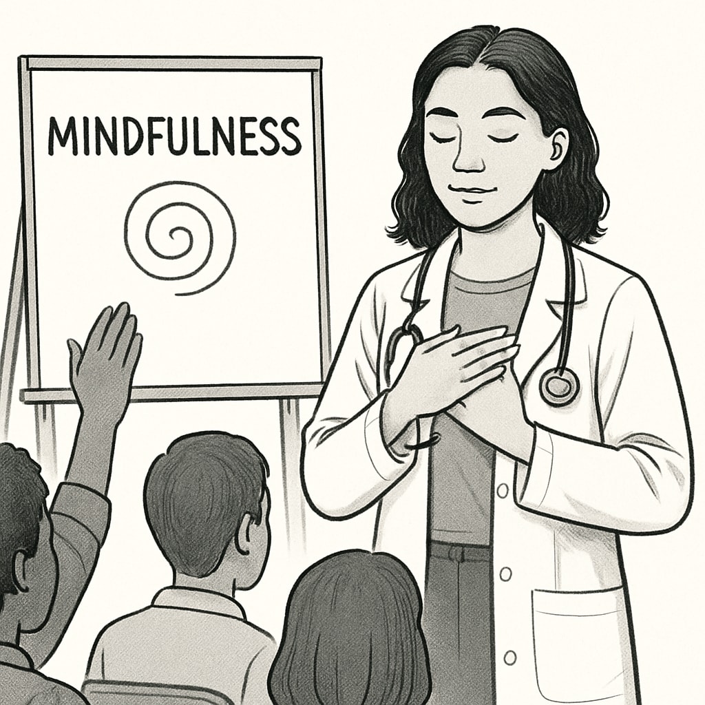 A medical student demonstrating mindfulness techniques during an interactive seminar. Medical student teaching mindfulness during a high school mental health seminar.