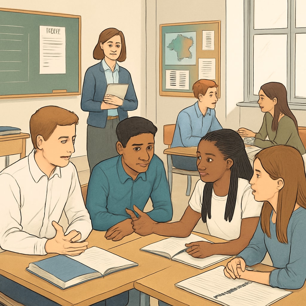 A UK classroom where students are engaged in group discussions during an A Levels course. UK students participating in an A Levels group discussion, highlighting student motivation.