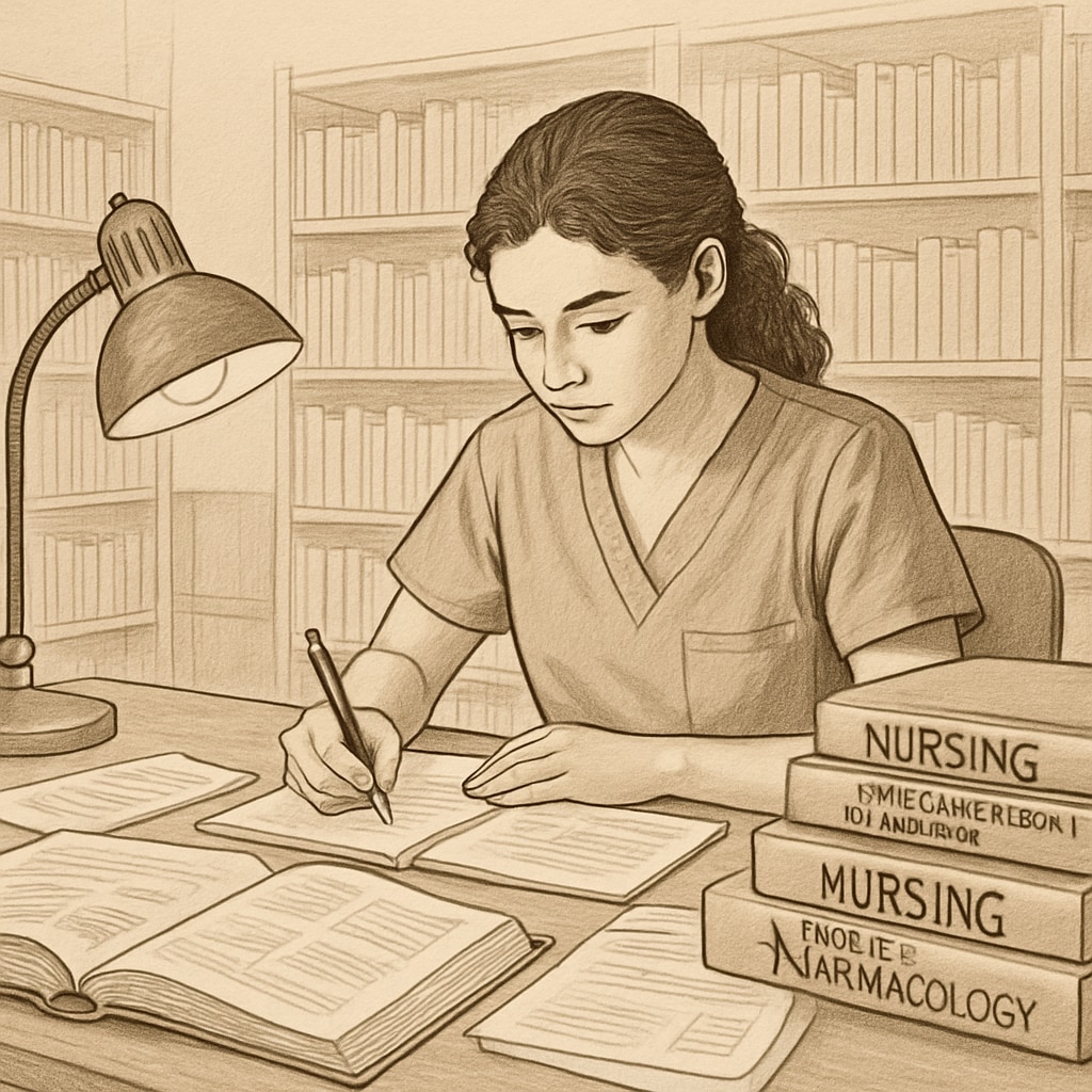 A student studying nursing textbooks at a library to prepare for college transfers. Nursing student preparing for college transfers with textbooks.