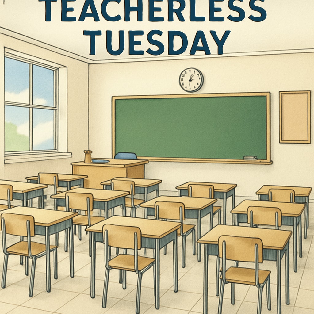 A classroom with empty desks to symbolize the absence of teachers on Teacherless Tuesday. Empty classroom desks representing Teacherless Tuesday and teacher protests.
