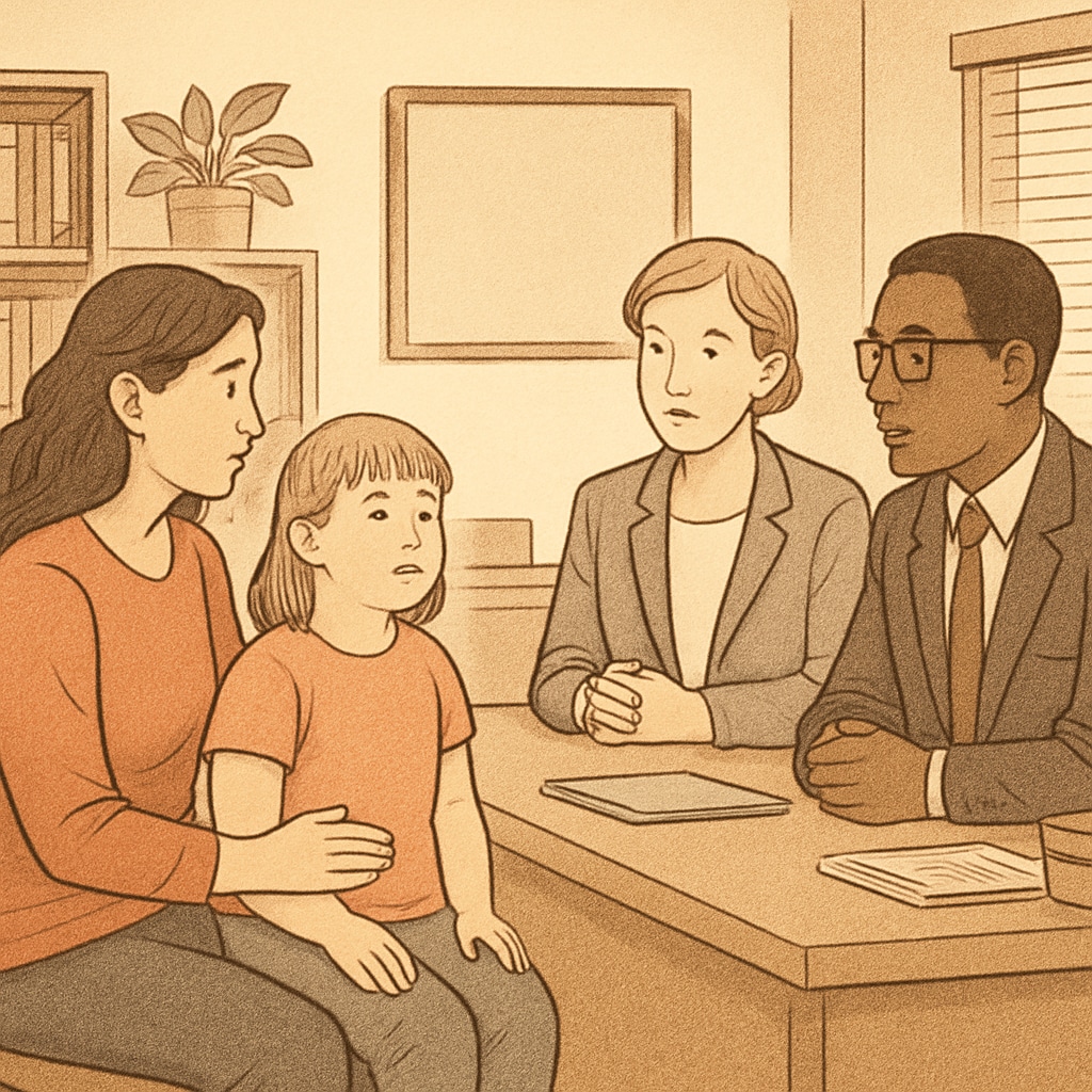A mother and her special needs daughter consulting with school administrators in an office, symbolizing the challenges families face in navigating school transfers. Special needs education transfer challenges
